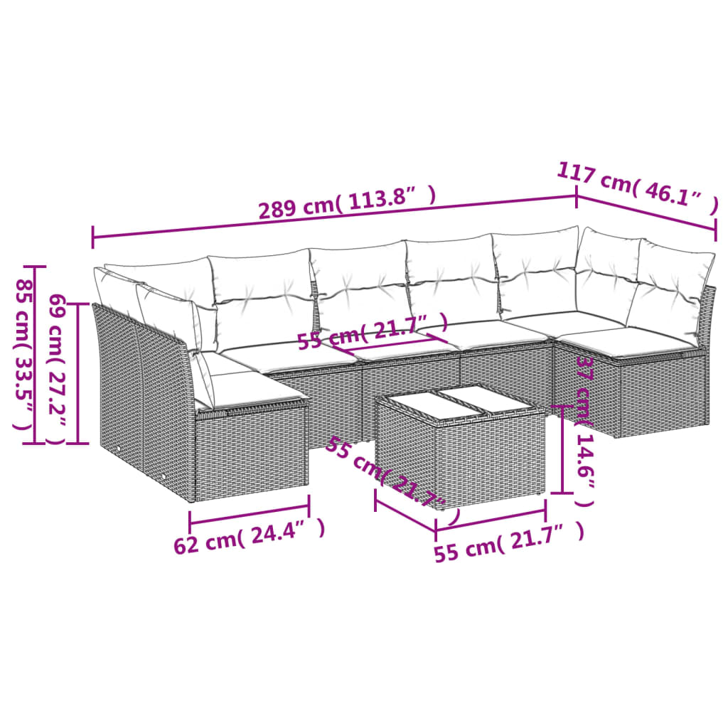 Set Divano da Giardino 8 pz con Cuscini Beige in Polyrattan | homemem39