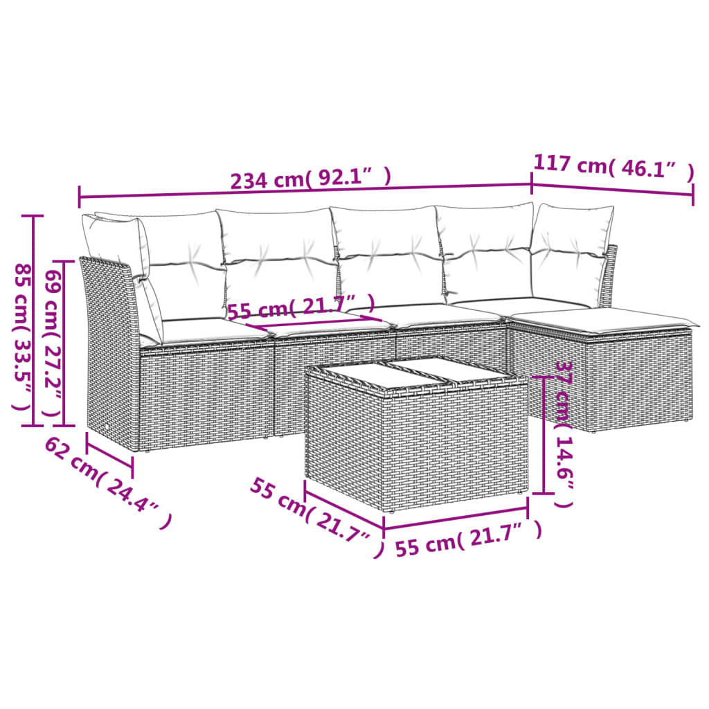Set Divano da Giardino 6 pz con Cuscini Nero in Polyrattan