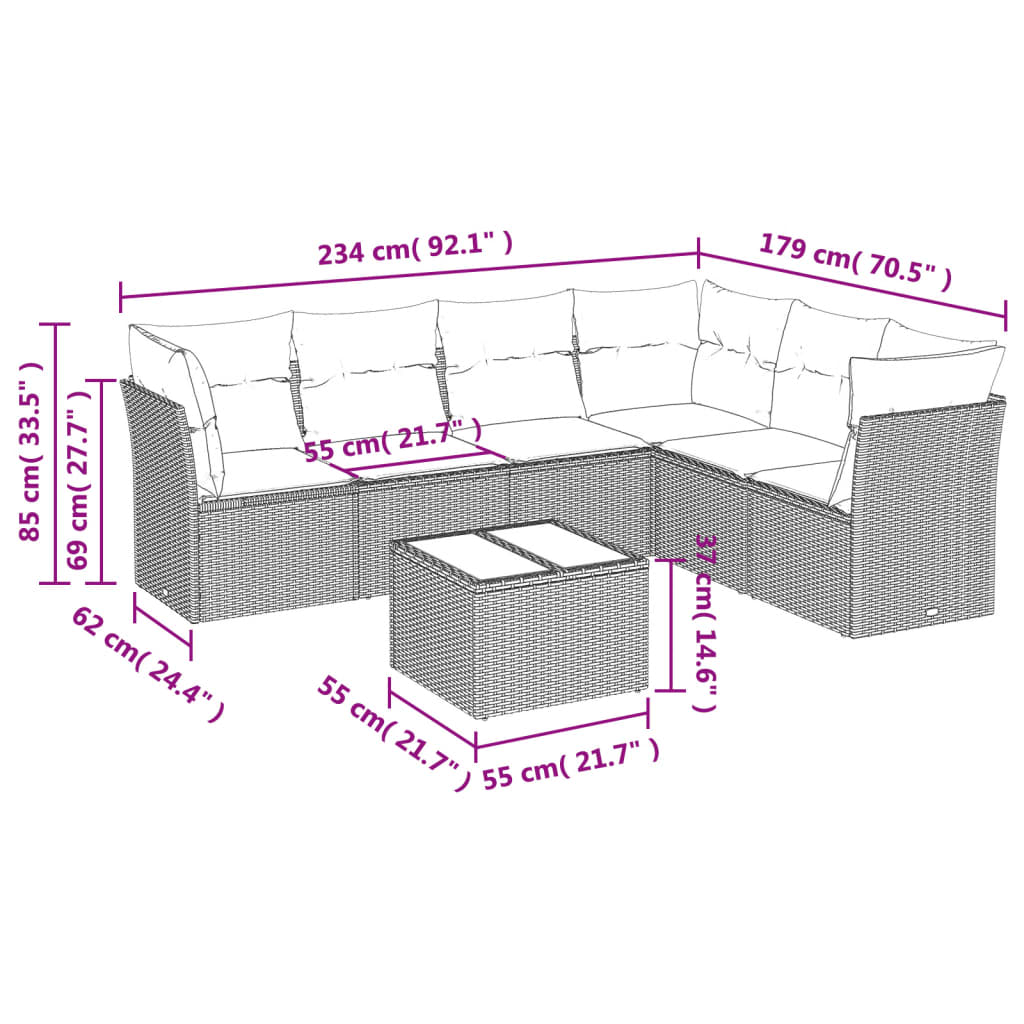 Set Divani da Giardino 7 pz con Cuscini Beige in Polyrattan