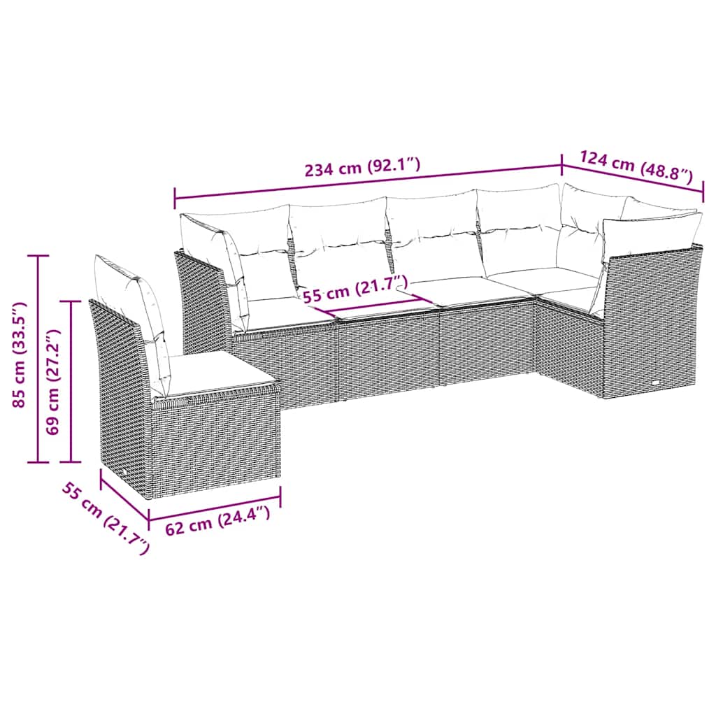 Set Divano da Giardino 6 pz con Cuscini Nero in Polyrattan | homemem39