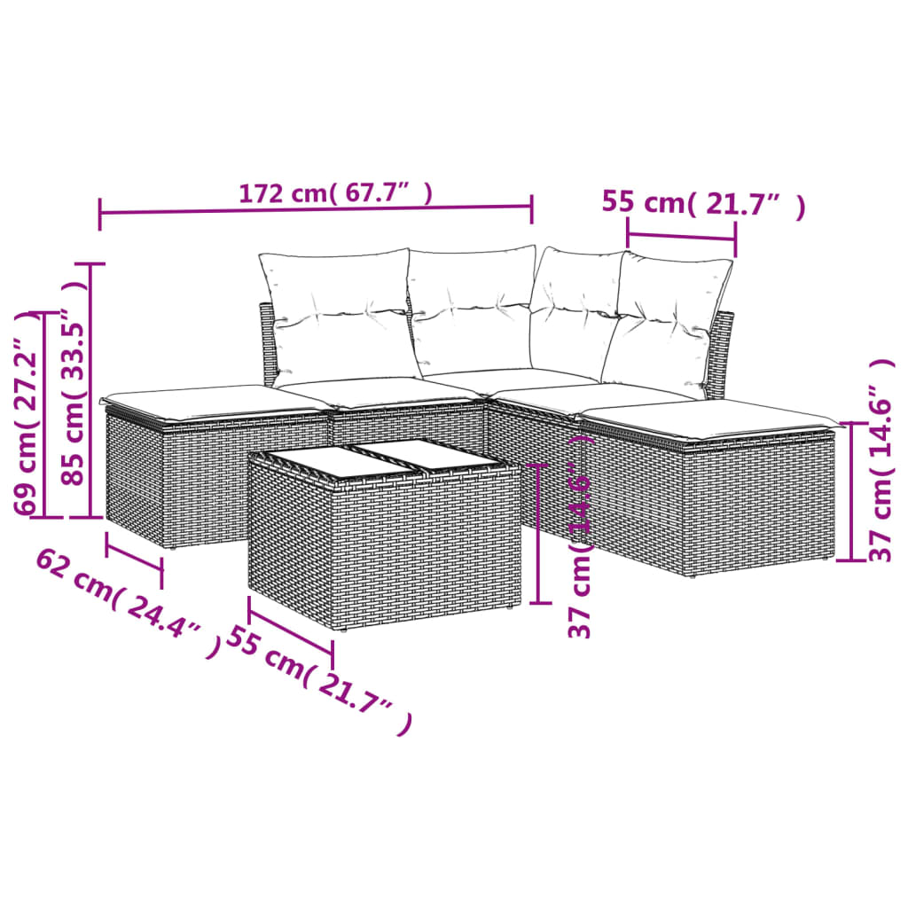 Set Divano da Giardino 6 pz con Cuscini Nero in Polyrattan | homemem39