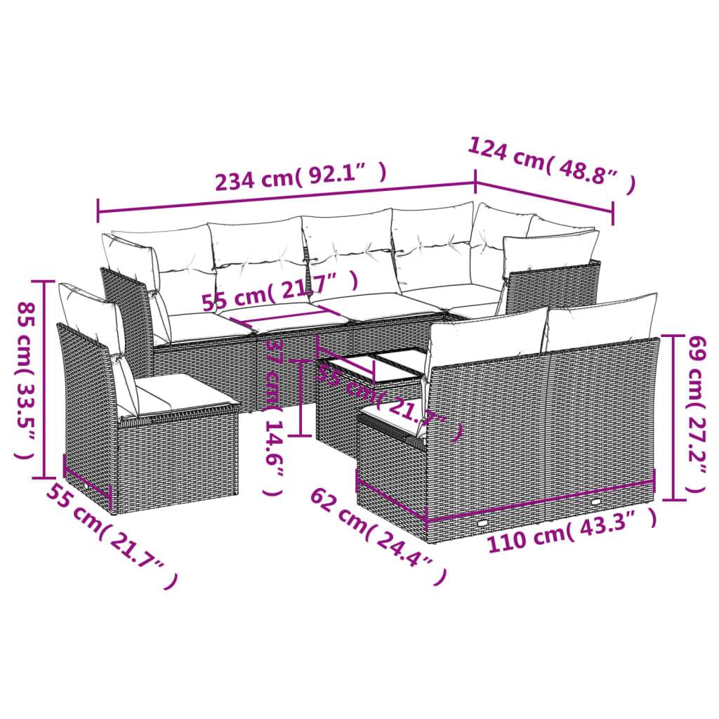 Set Divani da Giardino 9pz con Cuscini Marrone in Polyrattan | homemem39