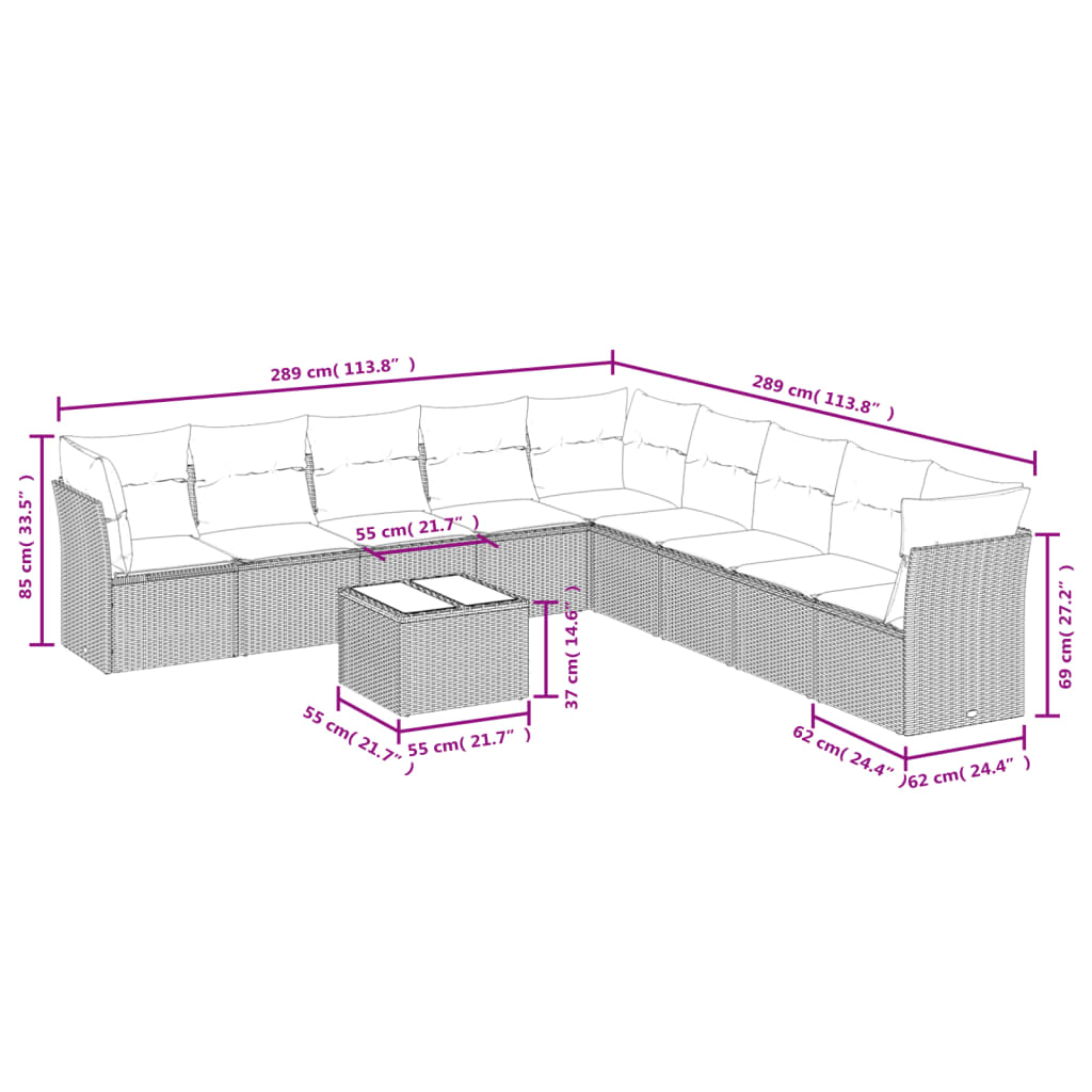 Set Divani da Giardino 10pz con Cuscini in Polyrattan Nero