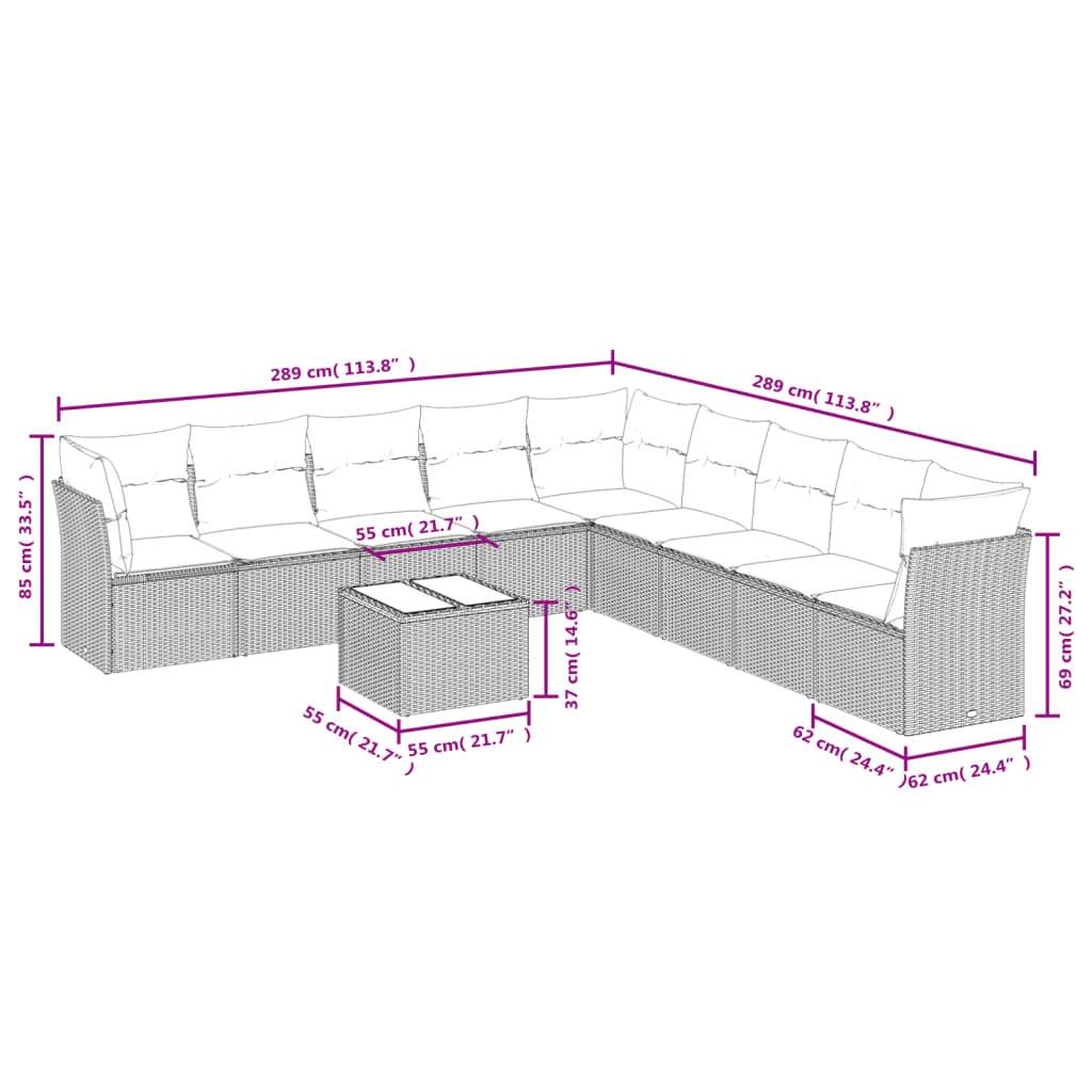 Set Divani da Giardino 10pz con Cuscini in Polyrattan Nero | homemem39
