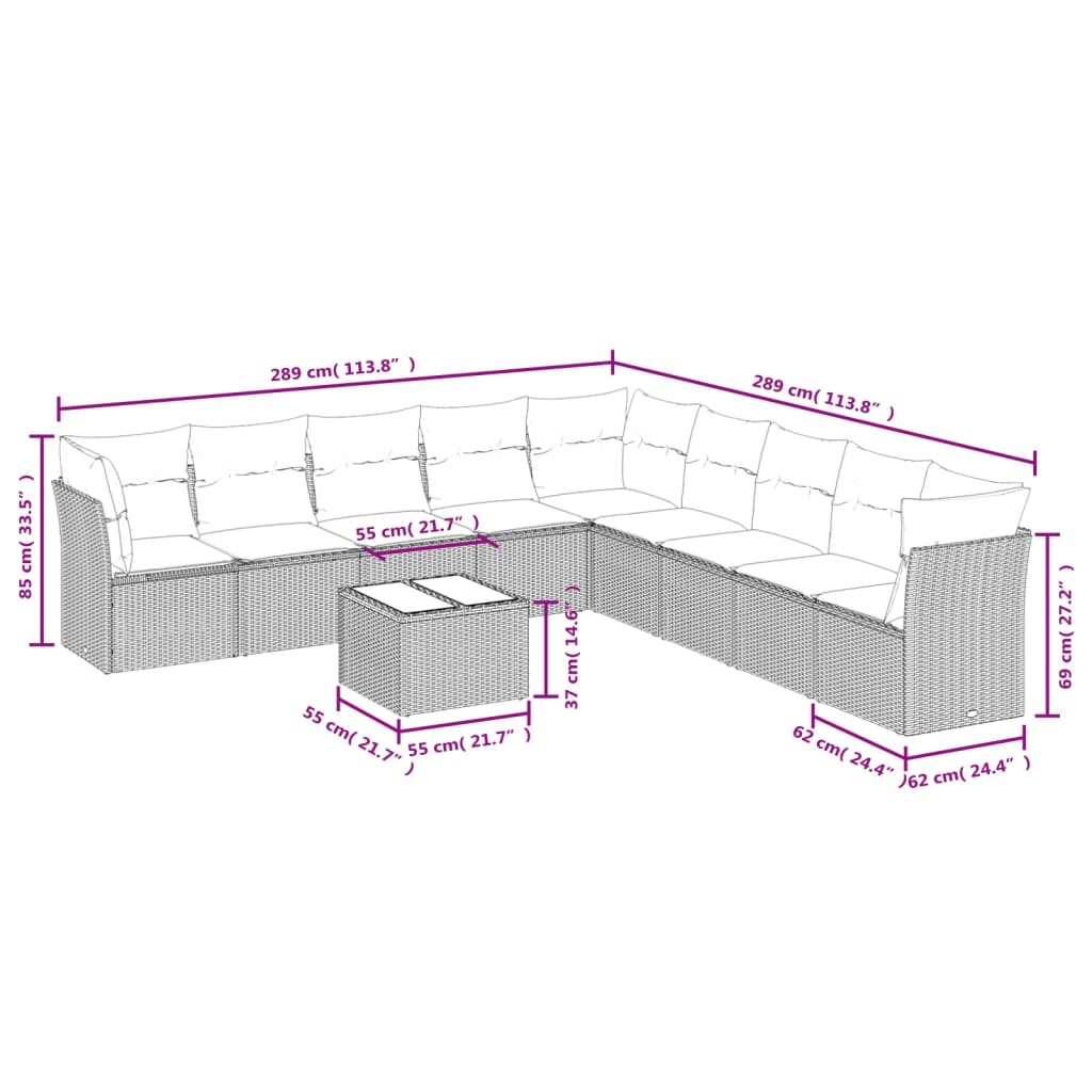 Set Divano da Giardino 10 pz con Cuscini Beige in Polyrattan | homemem39