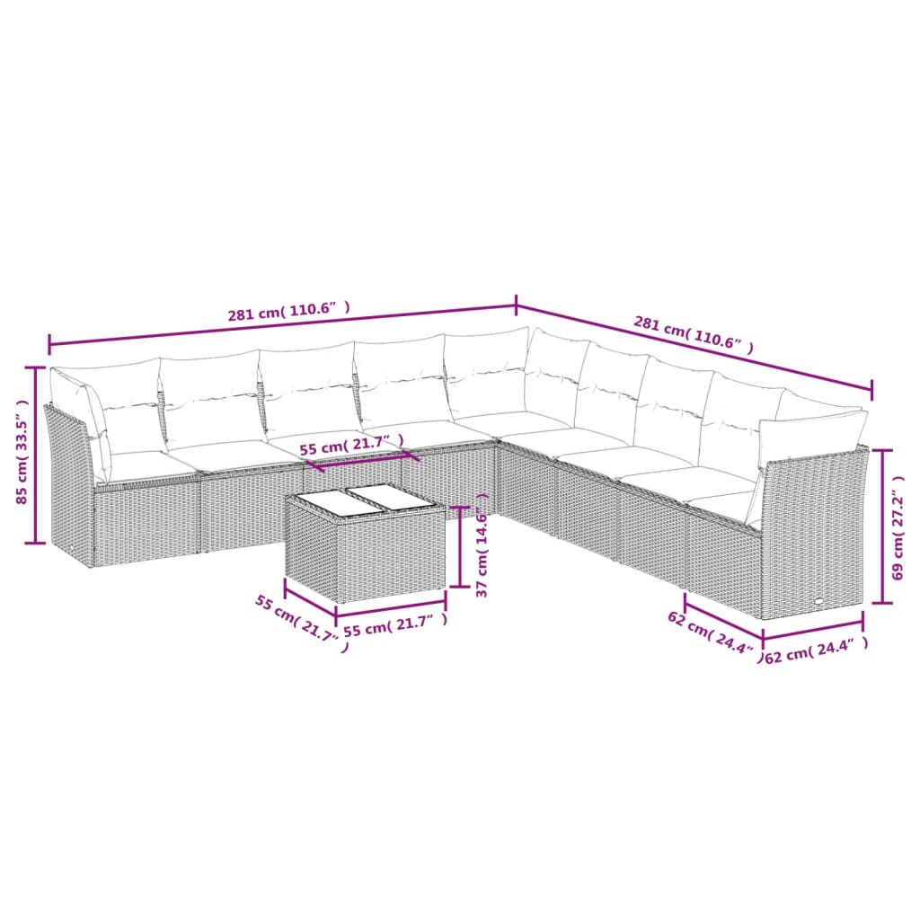 Set Divano da Giardino 10 pz con Cuscini Grigio in Polyrattan | homemem39