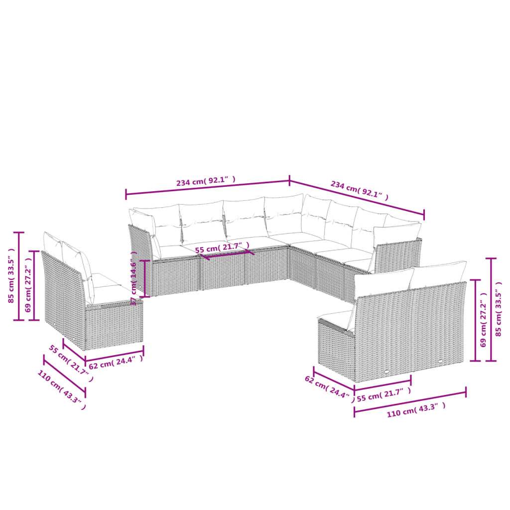 Set Divani da Giardino 11 pz con Cuscini Beige in Polyrattan | homemem39