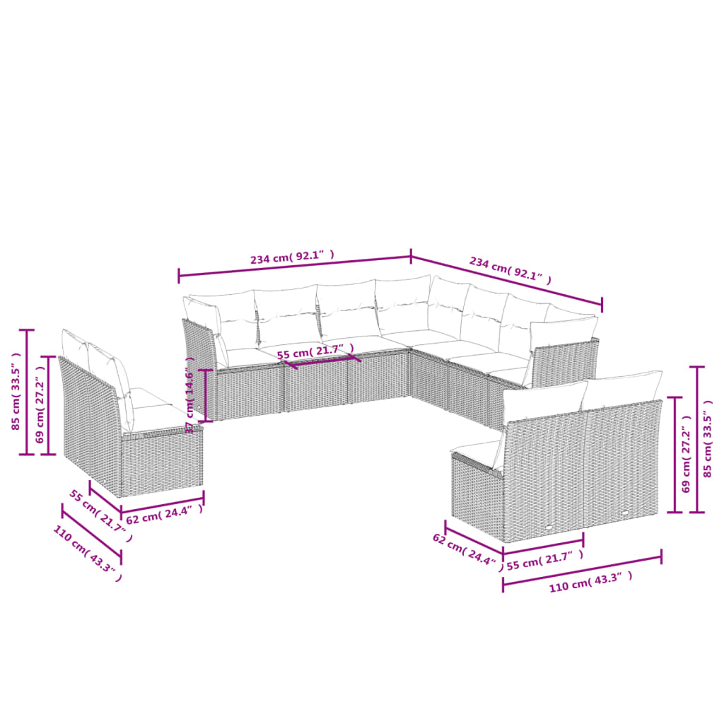 Set Divani da Giardino 11 pz con Cuscini in Polyrattan Grigio | homemem39