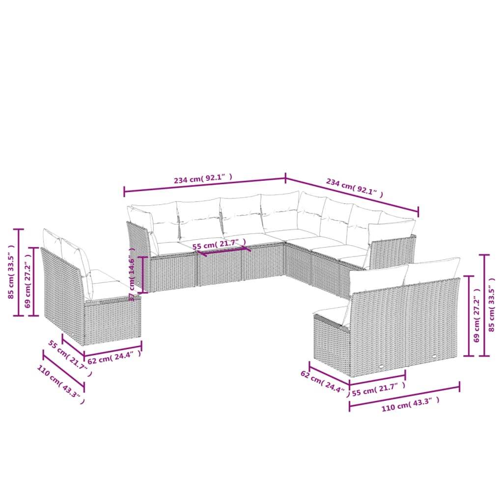 Set Divani da Giardino 11 pz con Cuscini in Polyrattan Grigio | homemem39