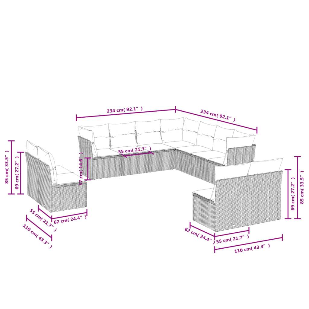 Set Divani da Giardino 11 pz con Cuscini Polyrattan Marrone | homemem39