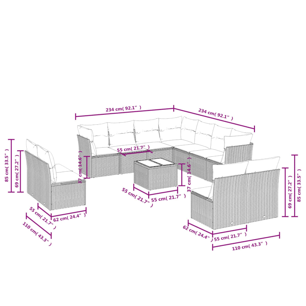 Set Divani da Giardino 12 pz con Cuscini Nero in Polyrattan | homemem39