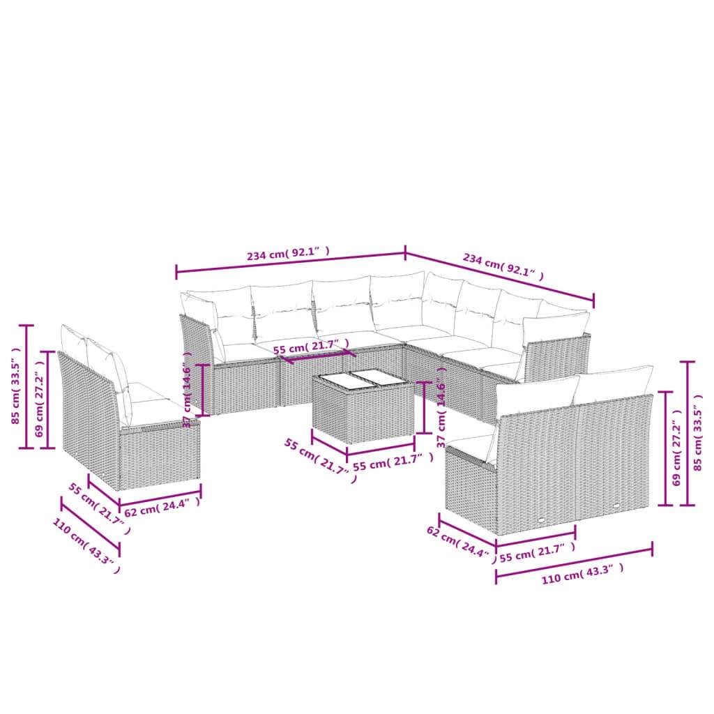 Set Divani da Giardino 12 pz con Cuscini Nero in Polyrattan | homemem39