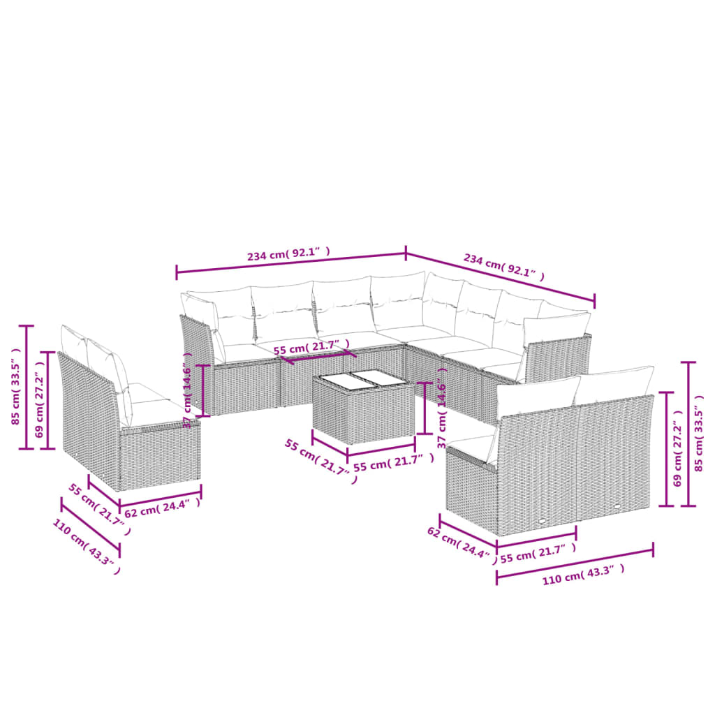 Set Divani da Giardino 12 pz con Cuscini Grigio in Polyrattan