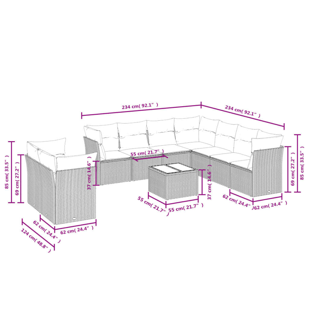 Set Divani da Giardino 10pz con Cuscini in Polyrattan Nero | homemem39