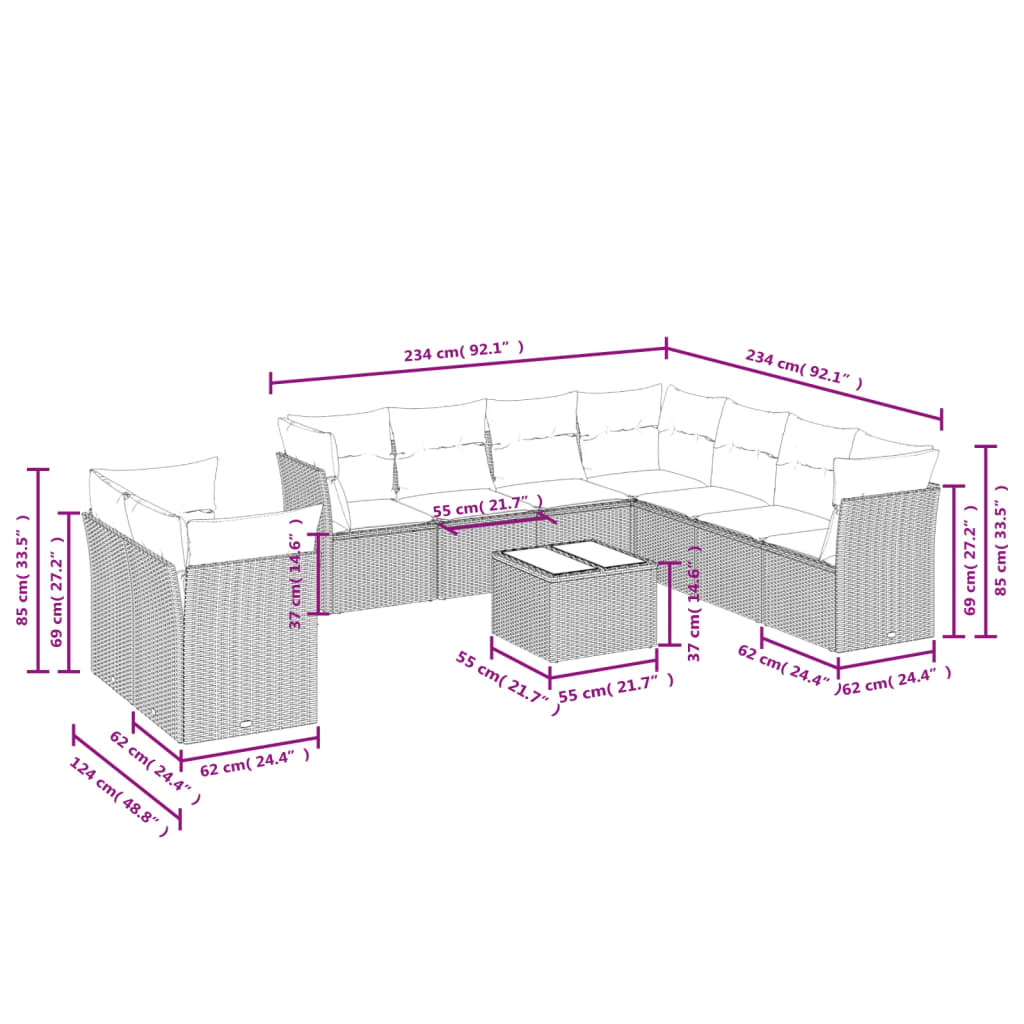 Set Divani da Giardino 10pz con Cuscini in Polyrattan Nero