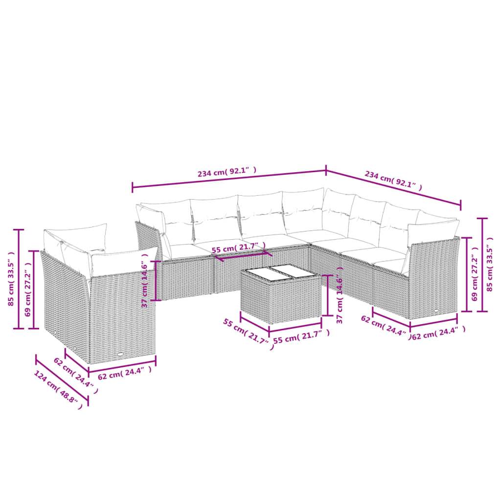 Set Divano Giardino 10 pz con Cuscini Grigio Chiaro Polyrattan | homemem39