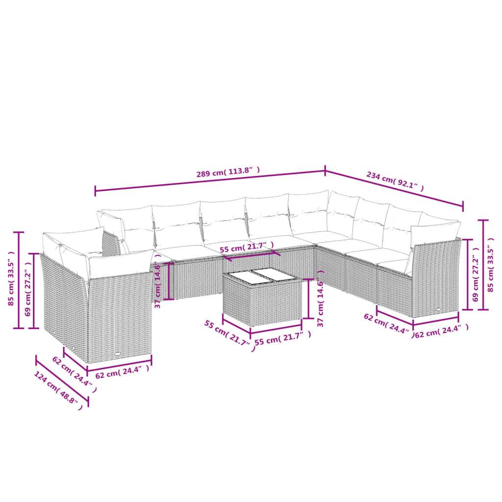 Set Divani da Giardino 11 pz con Cuscini in Polyrattan Nero | homemem39
