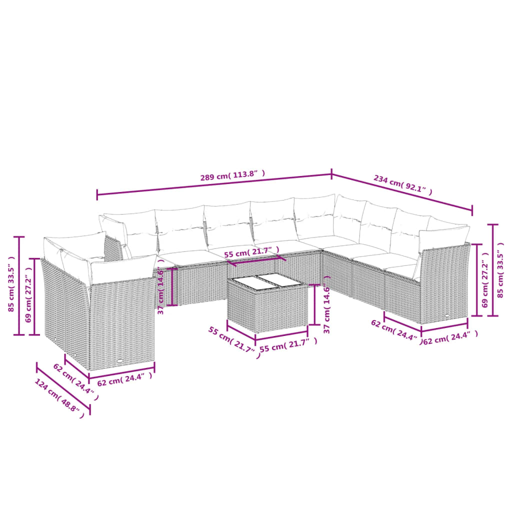 Set Divani da Giardino 11 pz con Cuscini in Polyrattan Grigio