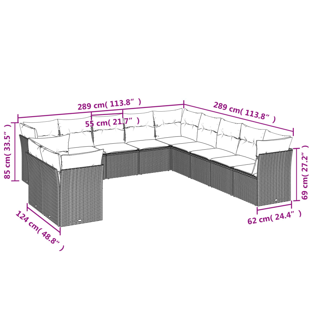Set Divani da Giardino 11 pz con Cuscini in Polyrattan Grigio | homemem39