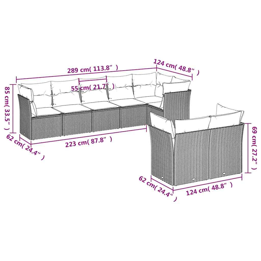 Set Divani da Giardino con Cuscini 8 pz Nero in Polyrattan