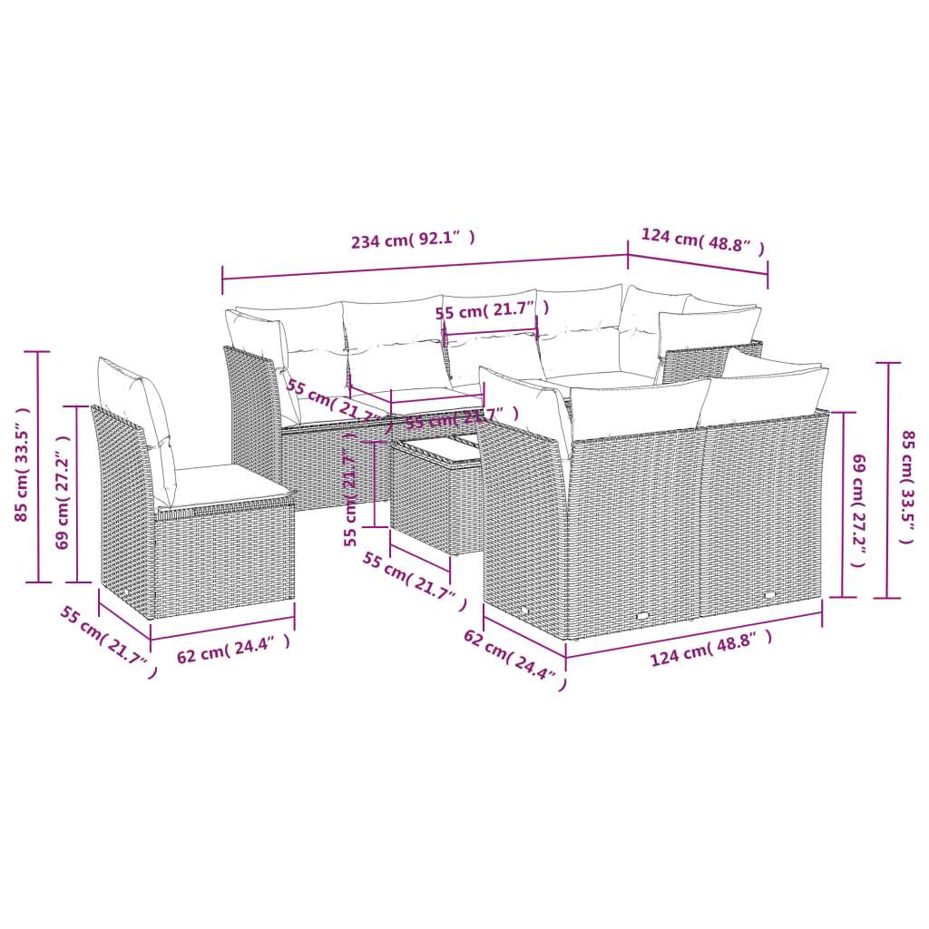 Set Divani da Giardino 9 pz con Cuscini Nero in Polyrattan