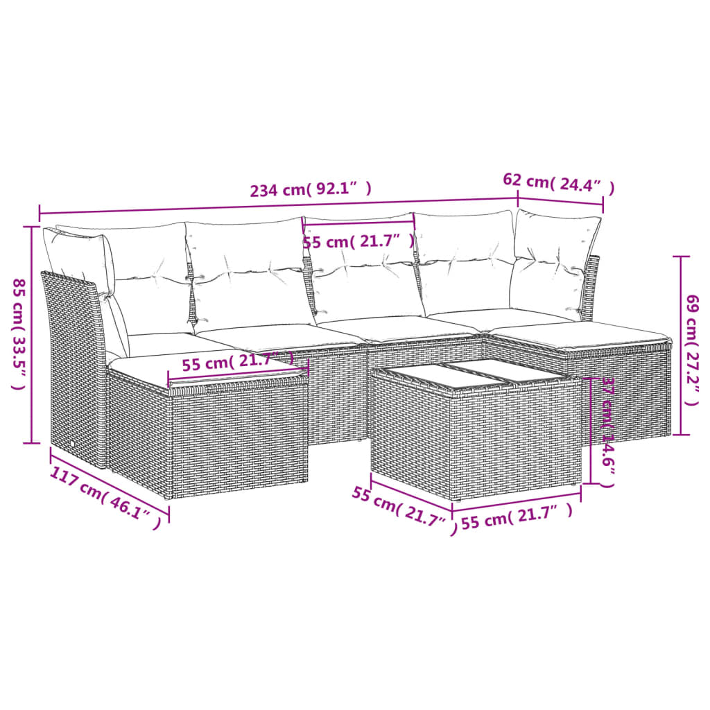 Set Divani da Giardino 7 pz con Cuscini Beige in Polyrattan | homemem39