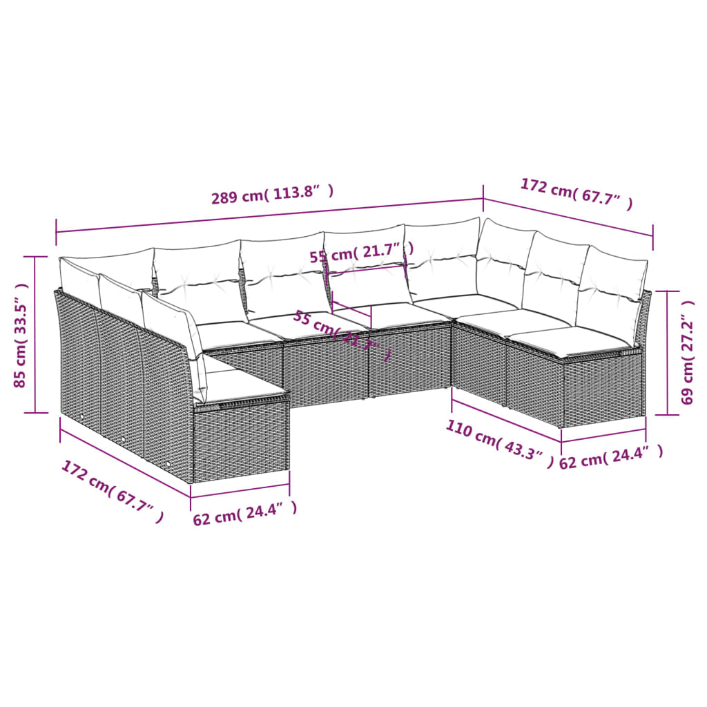 Set Divano da Giardino 9pz con Cuscini Grigio Chiaro Polyrattan | homemem39