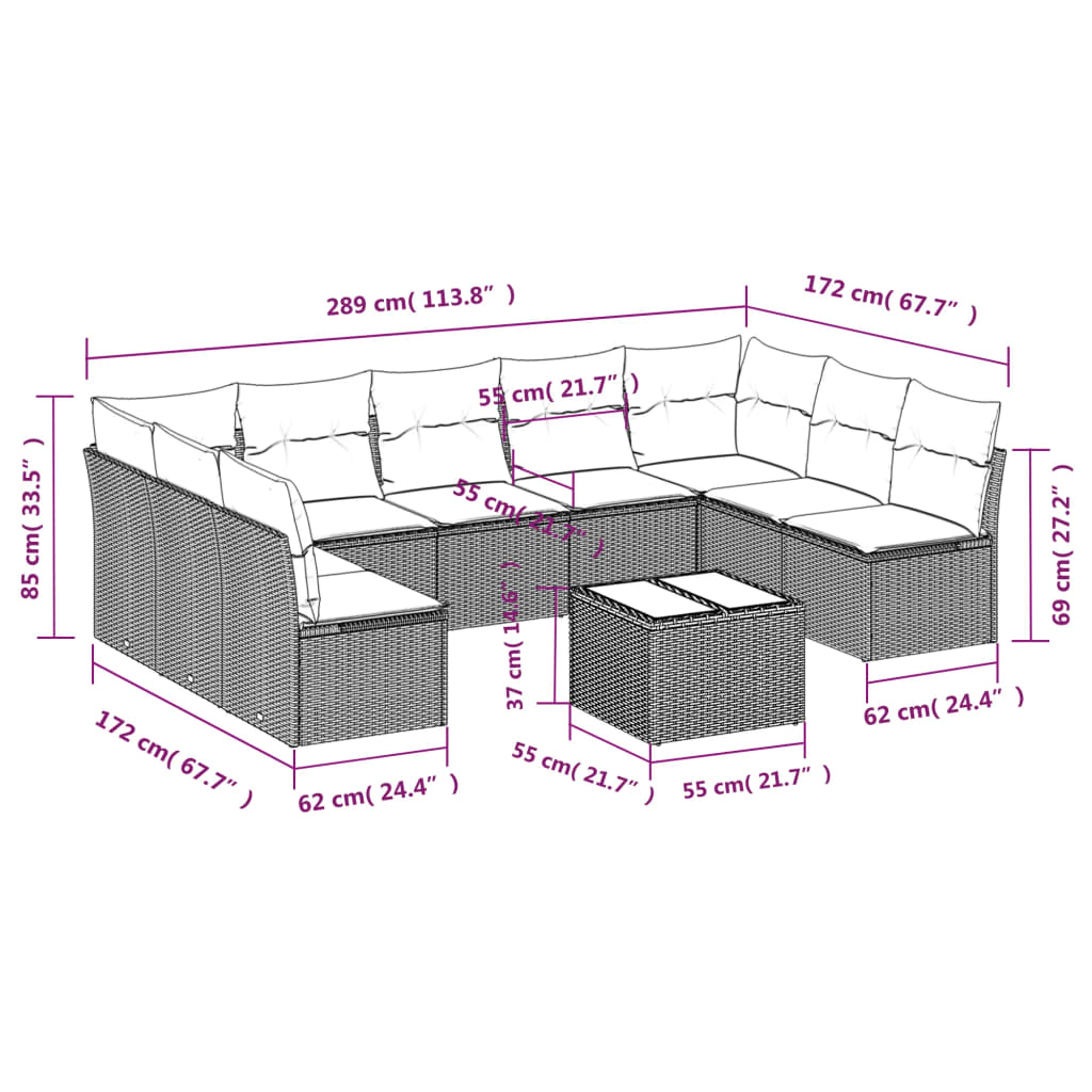 Set Divano Giardino 10 pz con Cuscini Grigio Chiaro Polyrattan | homemem39