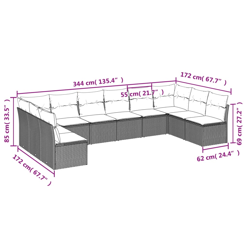 Set Divano Giardino 10 pz con Cuscini Grigio Chiaro Polyrattan | homemem39