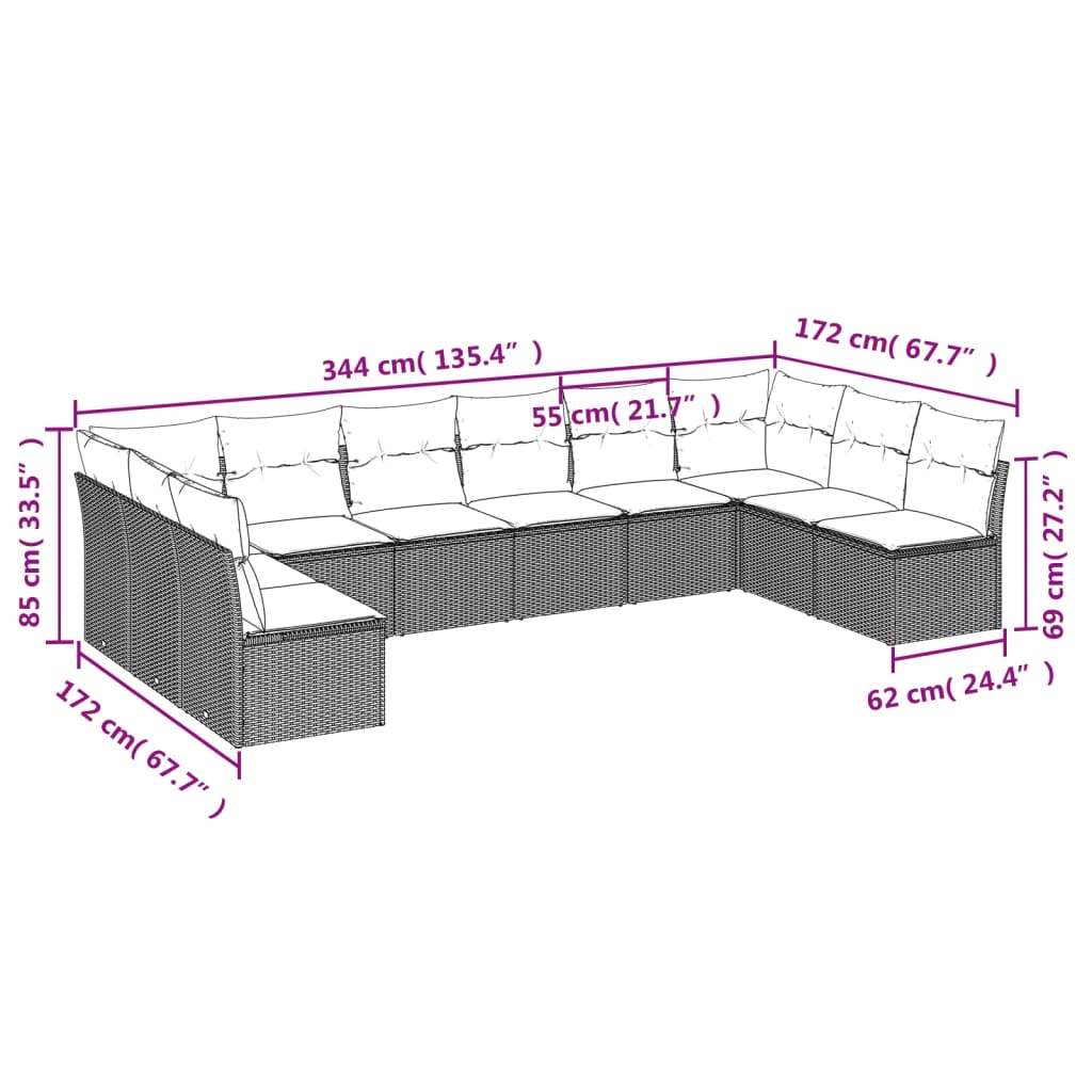 Set Divani da Giardino 10pz con Cuscini in Polyrattan Marrone | homemem39