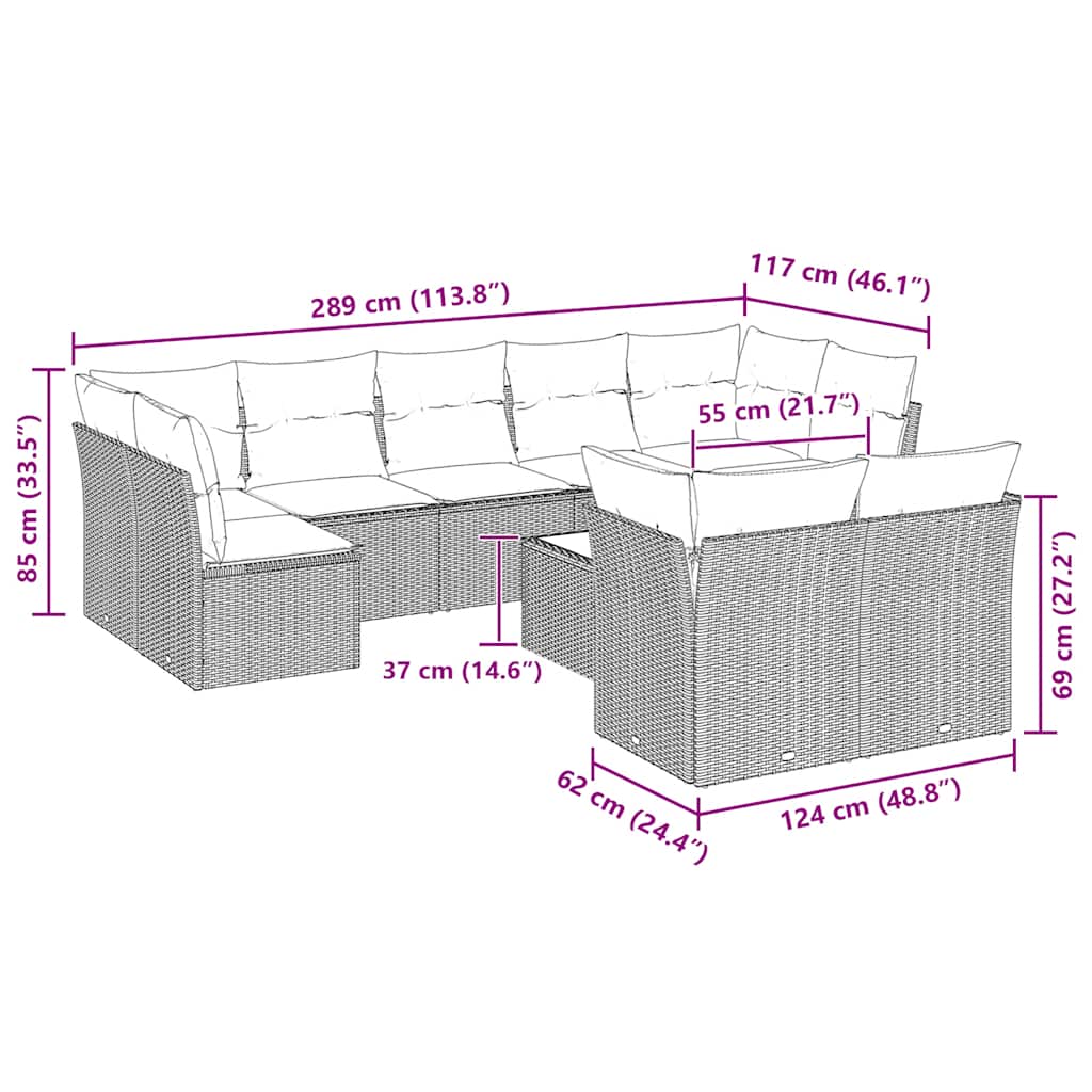 Set Divano Giardino 10 pz con Cuscini Grigio Chiaro Polyrattan
