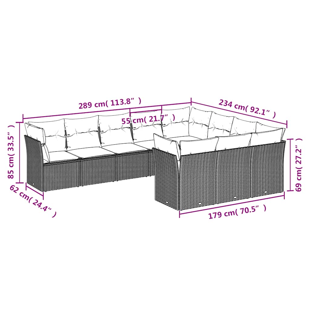Set Divani da Giardino 10pz con Cuscini in Polyrattan Nero