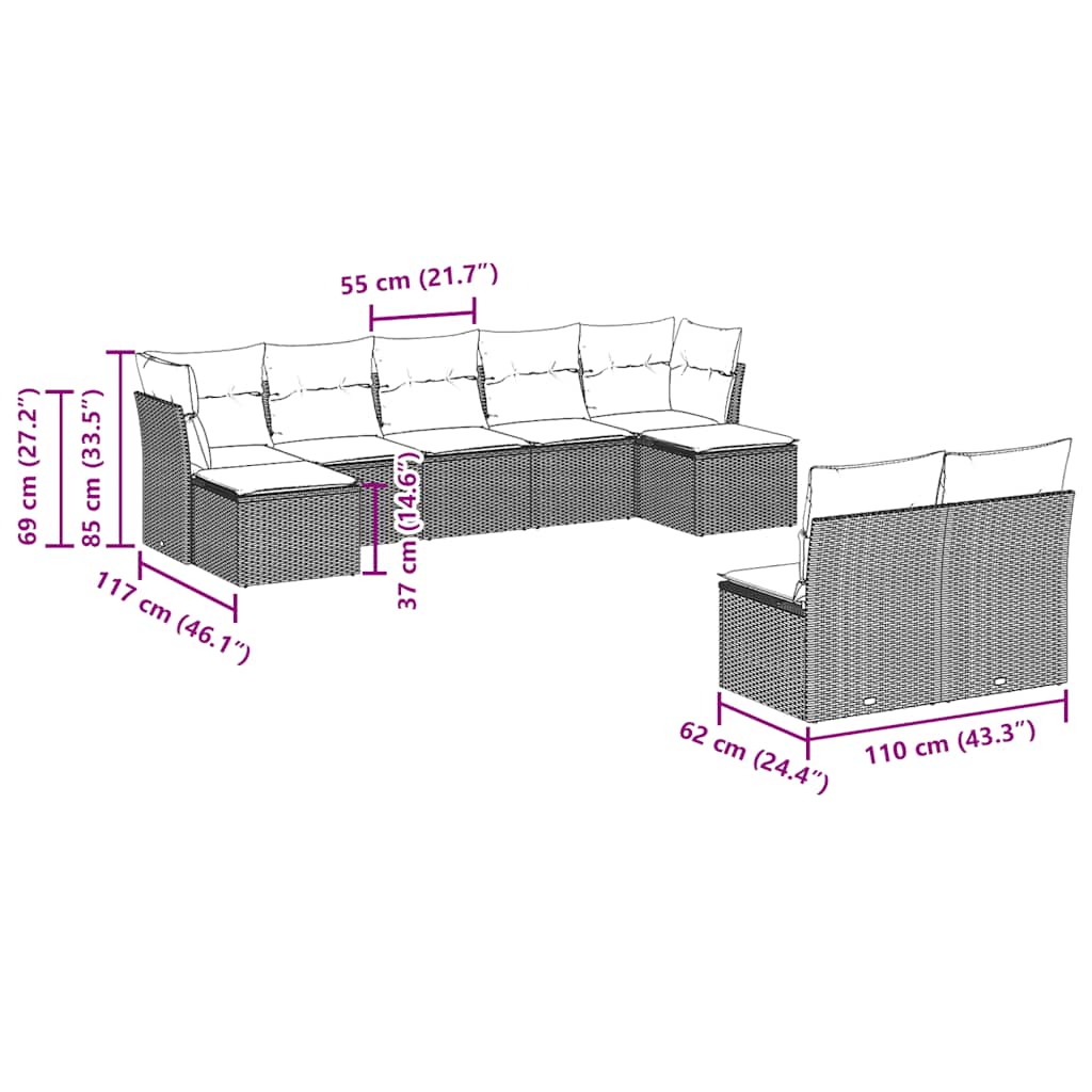 Set Divani da Giardino 9 pz con Cuscini Nero in Polyrattan | homemem39