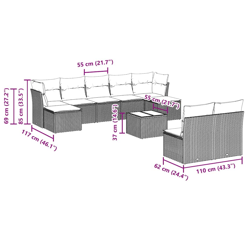 Set Divani da Giardino 10pz con Cuscini in Polyrattan Nero | homemem39