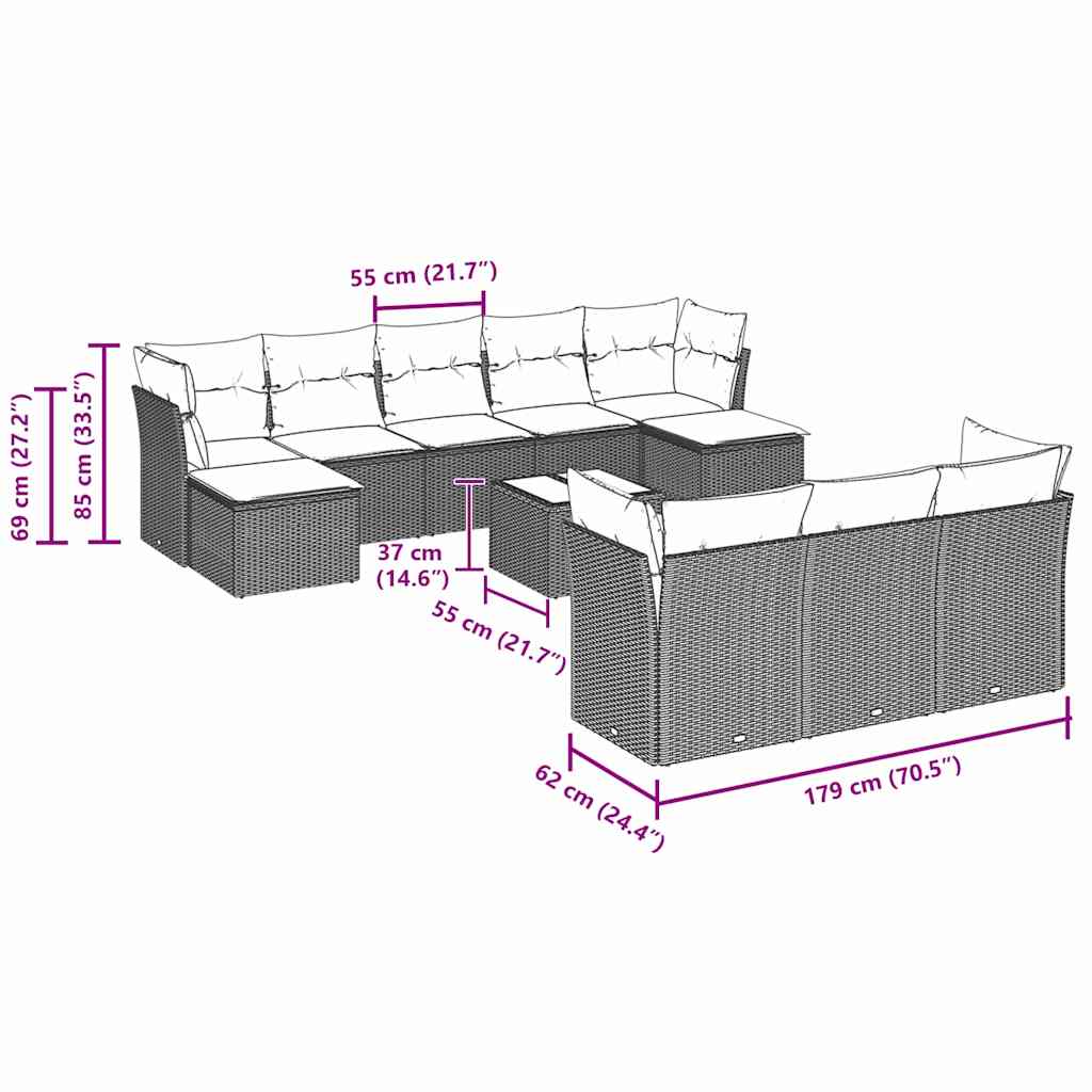 Set Divani da Giardino 11 pz con Cuscini in Polyrattan Grigio | homemem39