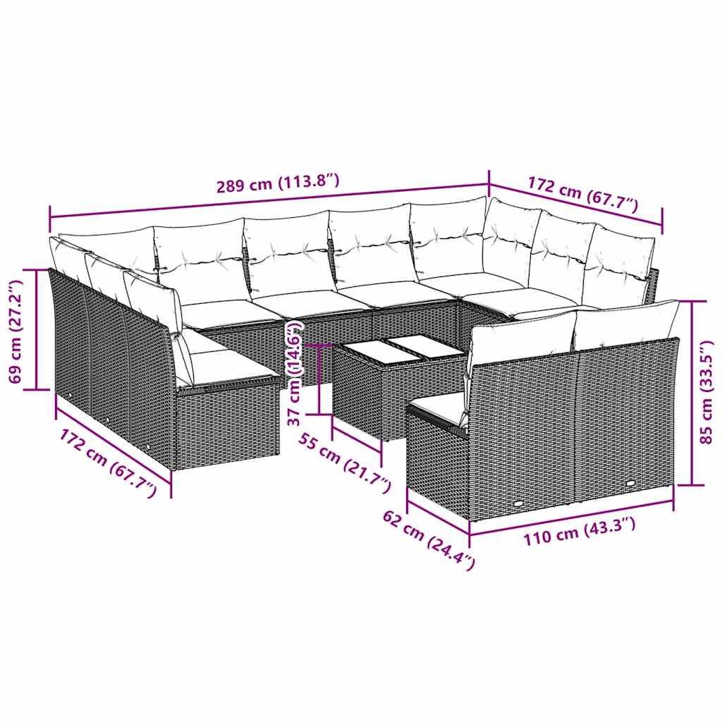 Set Divano Giardino 12 pz con Cuscini Grigio Chiaro Polyrattan | homemem39