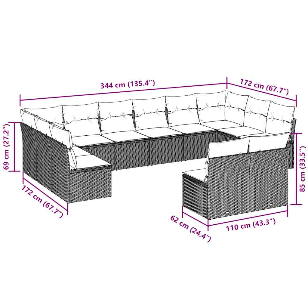 Set Divano Giardino 12 pz con Cuscini Grigio Chiaro Polyrattan