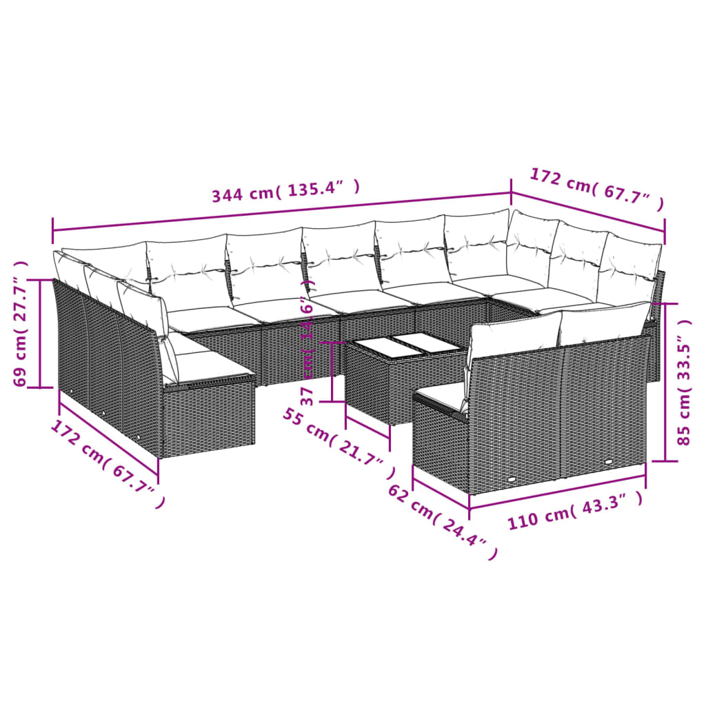 Set Divani da Giardino 13pz con Cuscini Nero in Polyrattan | homemem39