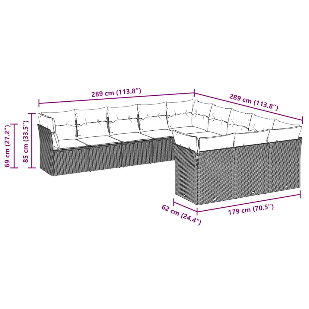 Set Divani da Giardino 11 pz con Cuscini in Polyrattan Grigio