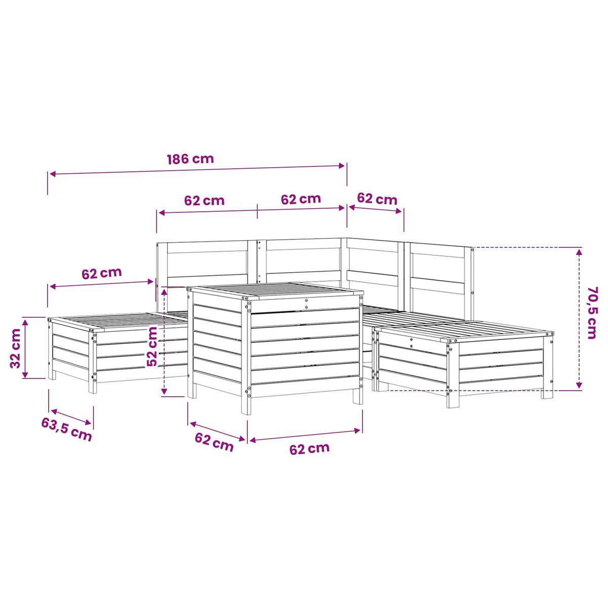 Set Divani da Giardino 6 pz Bianco in Legno Massello di Pino