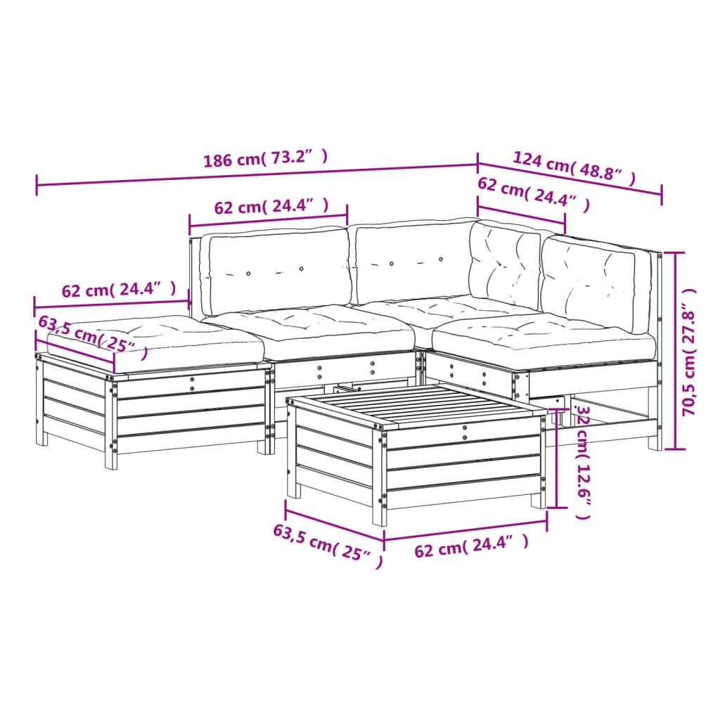 Set Salotto Giardino 5pz con Cuscini Bianco Legno Massello Pino | homemem39