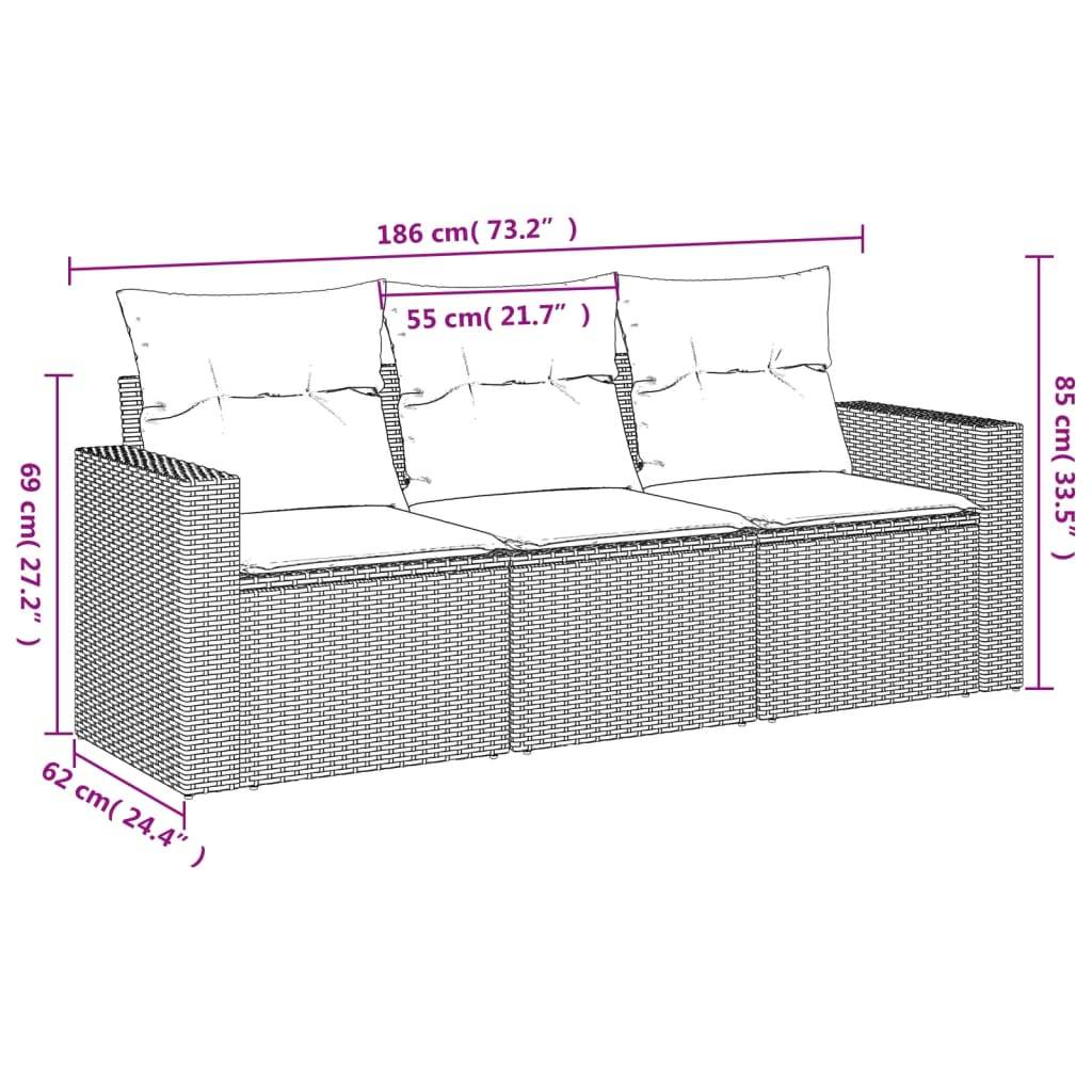 Set Divano da Giardino 3 pz con Cuscini Marrone in Polyrattan | homemem39
