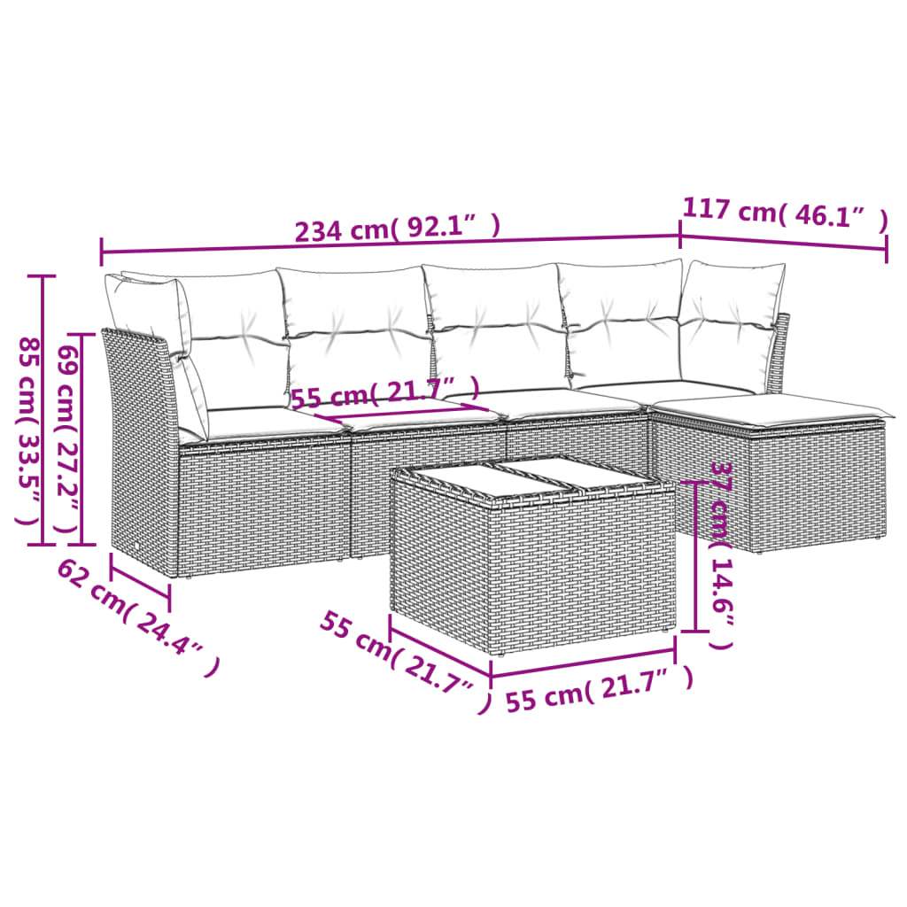 Set Divano da Giardino 6 pz con Cuscini Marrone in Polyrattan - homemem39