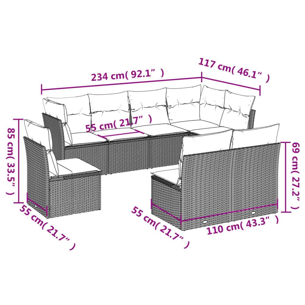 Set Divani da Giardino 8 pz con Cuscini Marrone in Polyrattan | homemem39