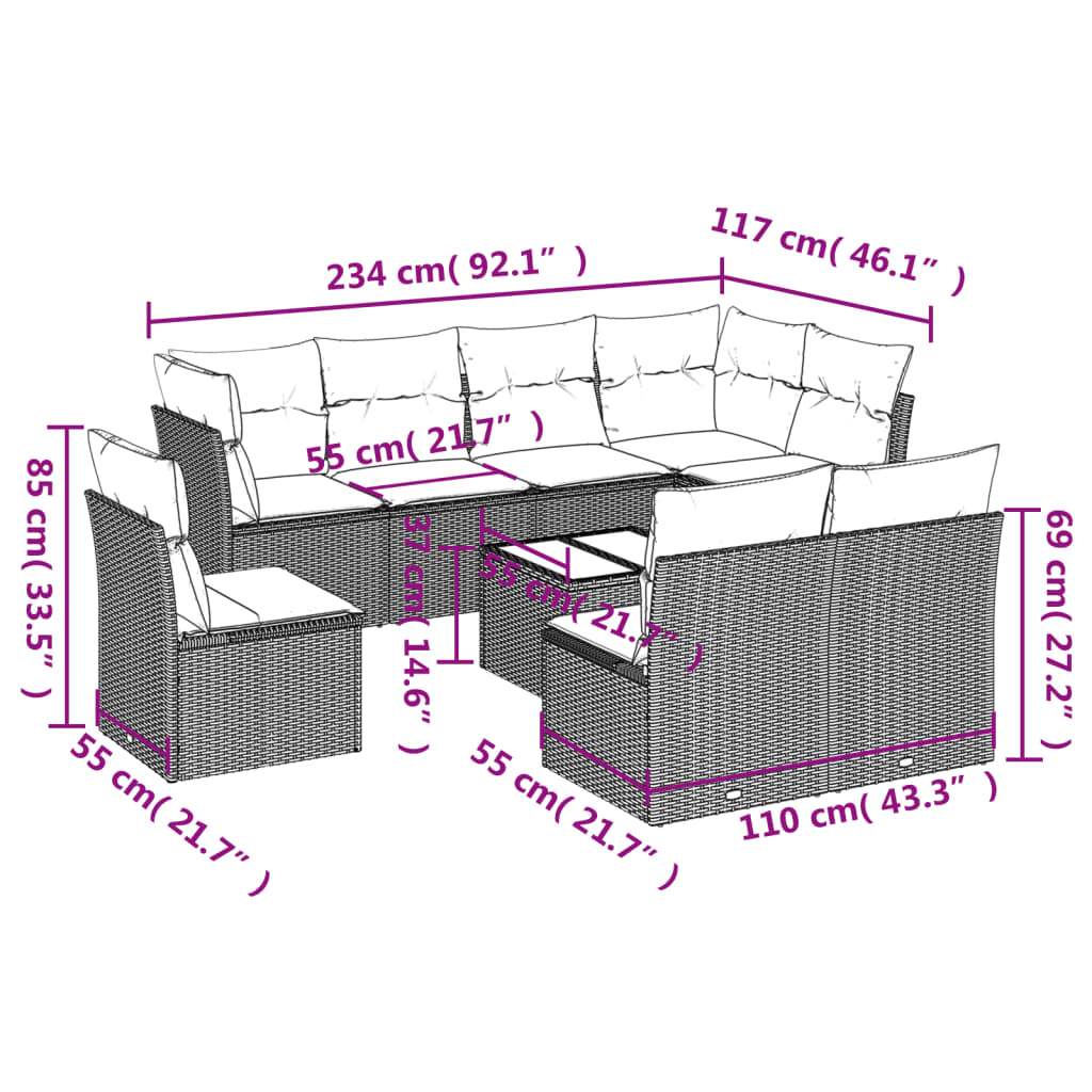 Set Divani da Giardino 9 pz con Cuscini Nero in Polyrattan | homemem39