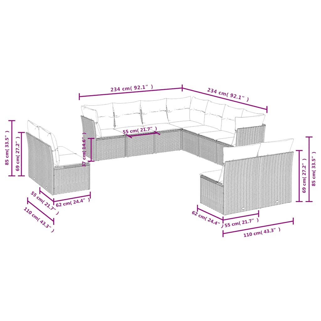 Set Divani da Giardino 11 pz con Cuscini Beige in Polyrattan | homemem39