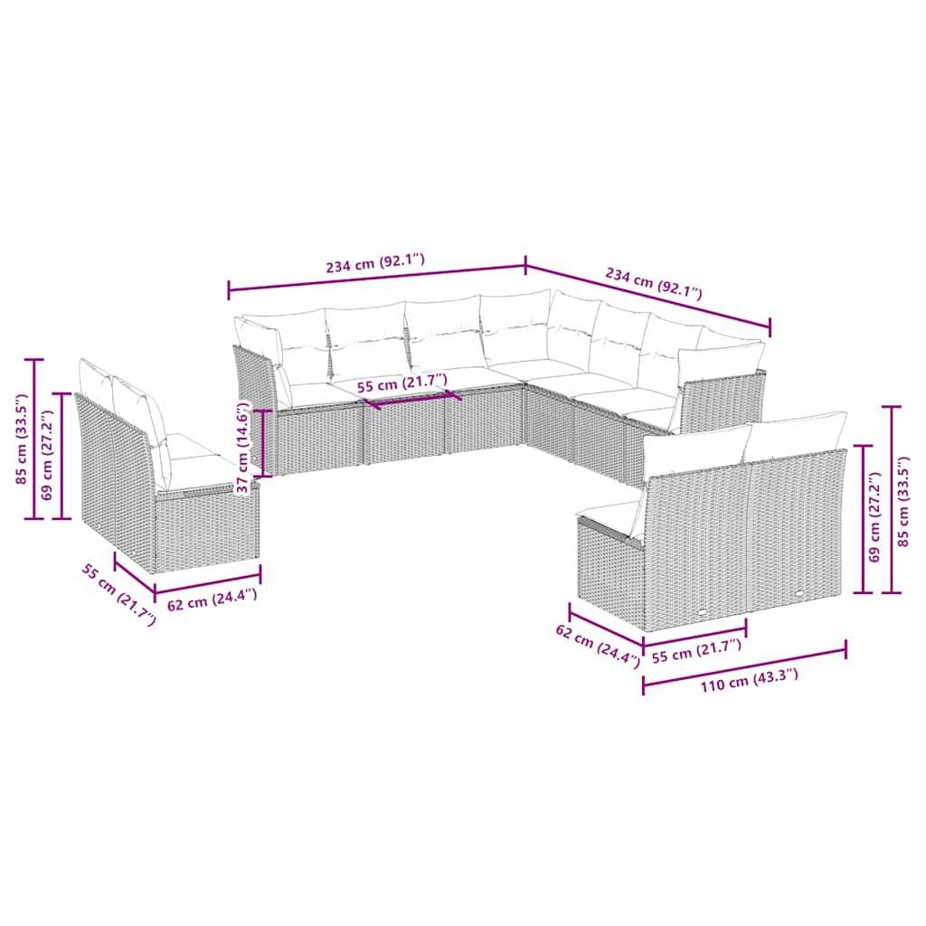 Set Divani da Giardino 11 pz con Cuscini in Polyrattan Grigio - homemem39