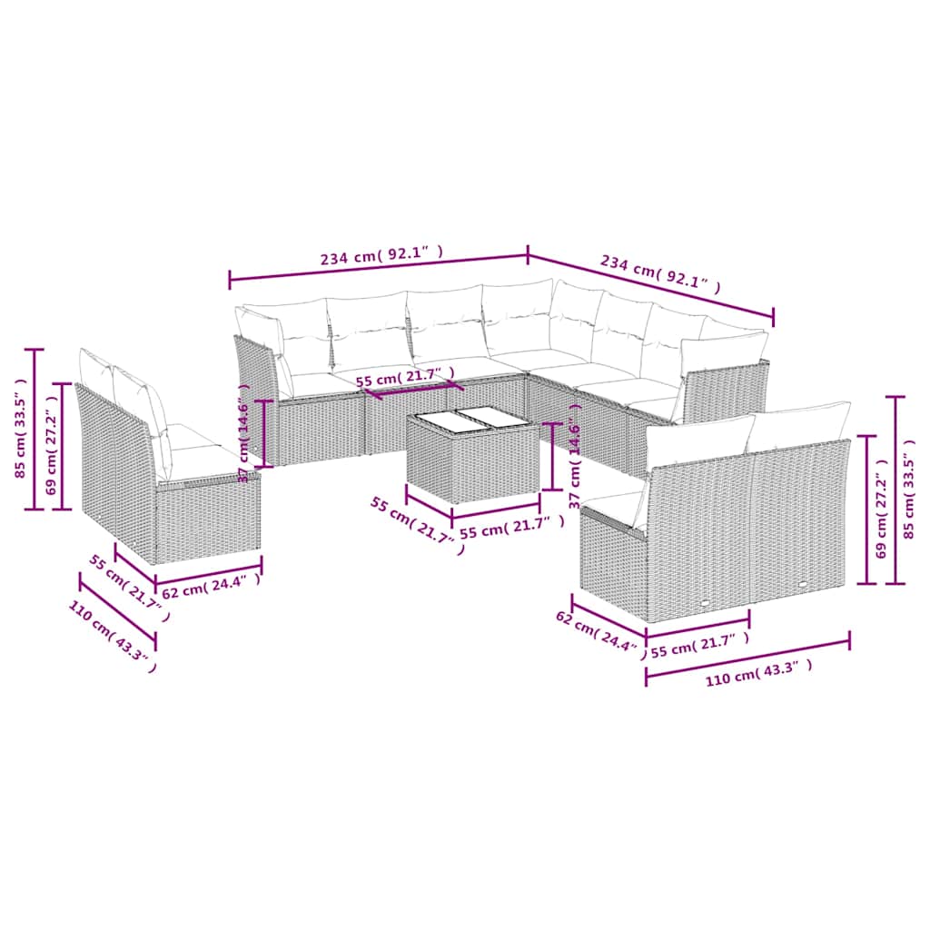 Set Divani da Giardino 12 pz con Cuscini Beige in Polyrattan | homemem39