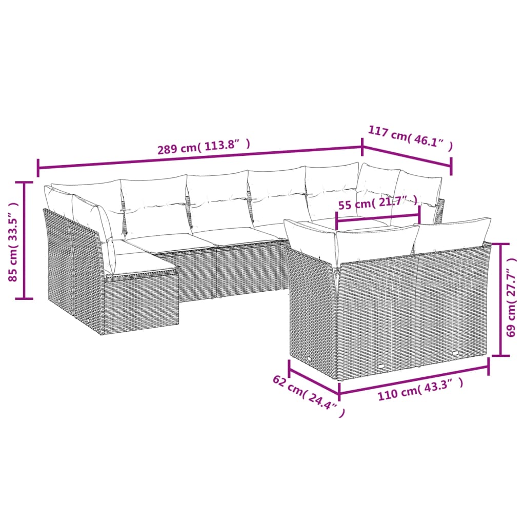 Set Divani da Giardino 9 pz con Cuscini Nero in Polyrattan | homemem39