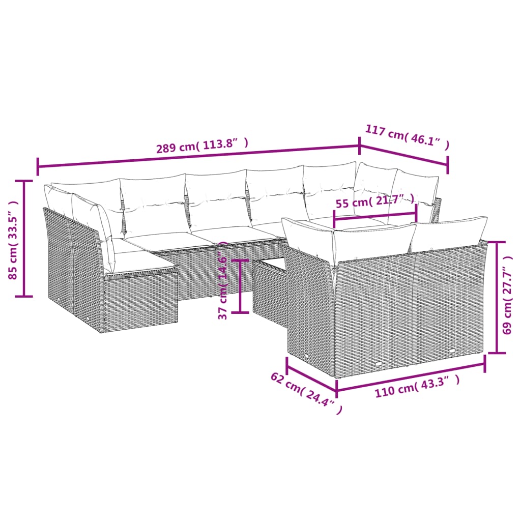 Set Divani da Giardino 10pz con Cuscini in Polyrattan Nero | homemem39